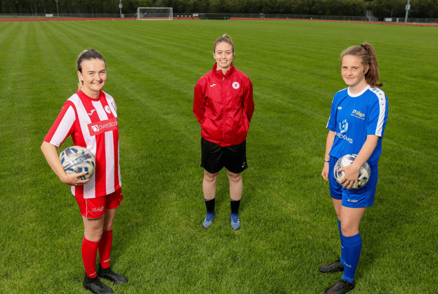 Sligo Rovers U19 players Keela Scanlon & Ciara Henry join U17 Women’s coach and former international Emma Hansberry at the launch of plans to form Sligo's first senior women’s soccer team
