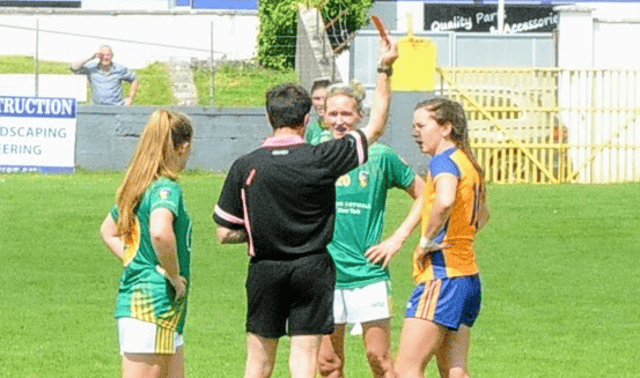 Leitrim's Ailish Cornyn and Clare's Niamh O'Dea look bemused as they are sent off in the last round. Both suspensions have been overturned Picture: Willie Donnellan