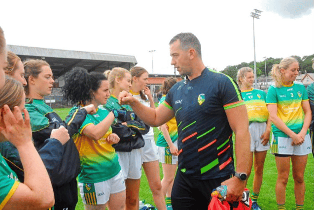Leitrim manager Hugh Donnelly pictured with his players after last Sunday's loss to Kildare Picture: Willie Donnellan