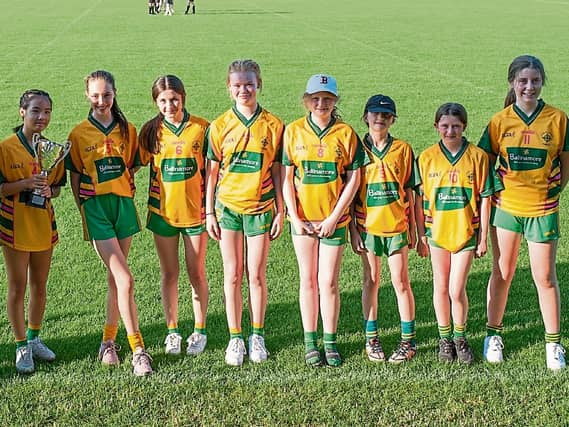 The Ballinamore Sean O'Heslins team who defeated Drumkeerin last weekend to win the Ladies U14 9-a-side Final who were presented to the crowd at the Masonite Division 1 Final Pic: Declan Gaffney