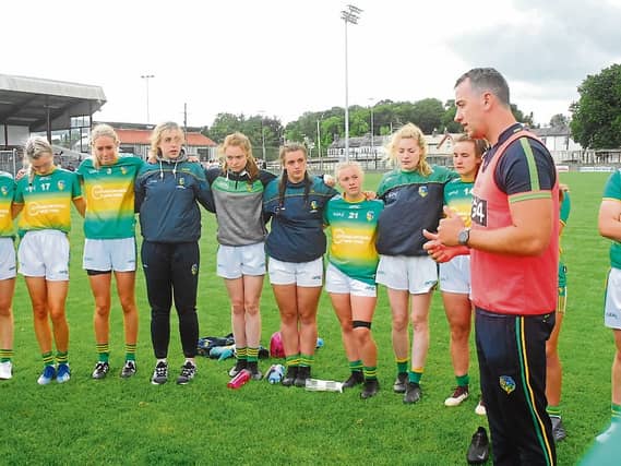 Hugh Donnelly addresses the Leitrim players following last Sunday's TG4 All-Ireland Intermediate Quarter-Final against Kildare in Duggan Park Ballinasloe Picture: Willie Donnellan
