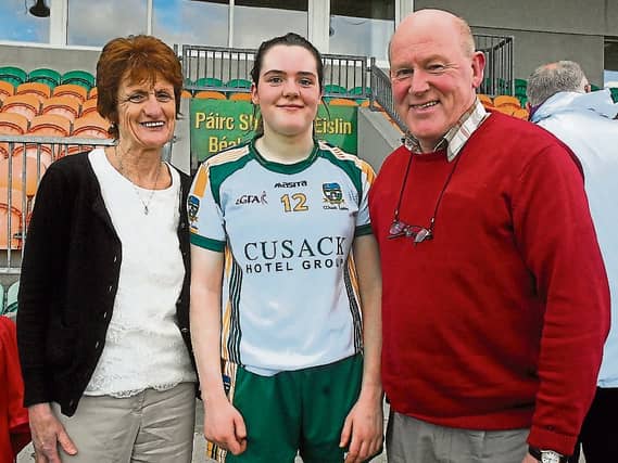 Meath's Niamh Gallogly pictured with her father Frank & mother Angela after a game against Leitrim some year ago in Ballinamore Picture: Willie Donnellan