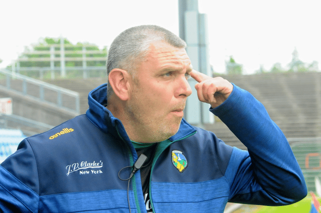 Leitrim hurling manager Olcan Conway issues instructions to his troops in Elvery's Mac Hale Park on Saturday Picture: Willie Donnellan