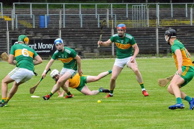Stephen Goldrick’s heavy hit on Coulter resulted in a yellow card and the Donegal man leaving the game through injury while the Leitrim man had to go off due to a blood injury. Ritchie Ryan taking over the freetaking duties as he tapped over.
