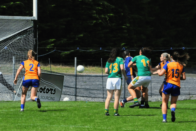 Michelle Guckian fires the ball to the net for Leitrim's third goal against Clare Picture: WIllie Donnellan