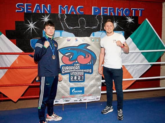 New European U22 63kg champion Dean Clancy pictured with former WBC-NABF welterweight champion and professional boxer Jason Quigley from Donegal Picture: James Molloy