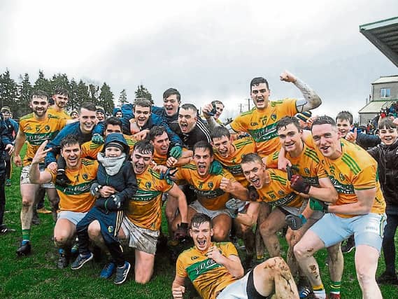 Leitrim footballers celebrate clinching promotion against London in 2019 - can they do it again this year? Picture: Willie Donnellan