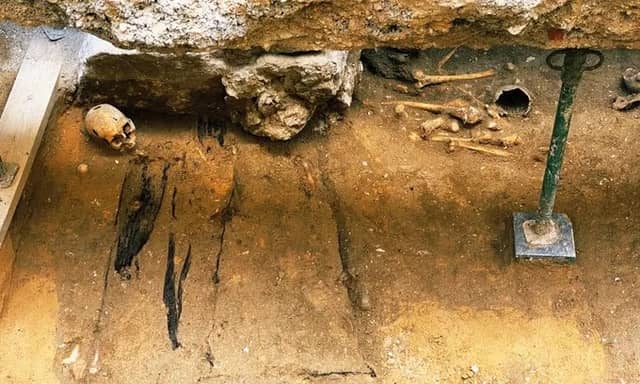 The excavated site reveals a human skull and bones. PHOTO: Mayor of Valladolid/Twitter