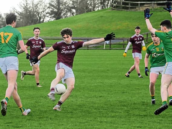 Galway's Conall Gallagher scores a points during last Saturday's Connacht MFC clash against Leitrim in the Connacht GAA Centre of Excellence Picture: Willie Donnellan