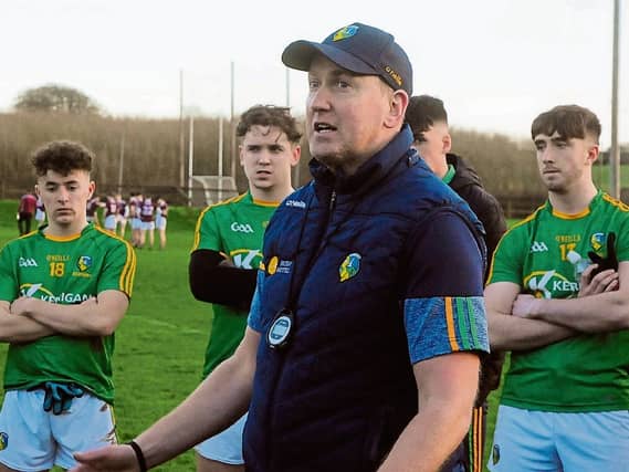 Leitrim manager Brendan Guckian addresses his troops after the game last Saturday Picture: Willie Donnellan