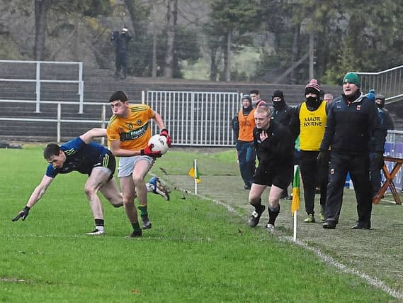 Conor Dolan surveys the options ahead of him after breaking through the challenge of Mayo's Paddy Durcan last Sunday Picture: Willie Donnellan