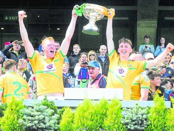 Brothers Enda and Colm Moreton show their delight as they lift the Lory Meagher Cup last Saturday in Croke Park