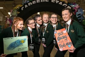 Pictured at the finale of the AIB Build A Bank Challenge are Anna Hazlett, Ella McNamara, Allana Gallagher, Niamh McPartaland, Karen Drugan, Johanna Dietz from Lough Allen College.