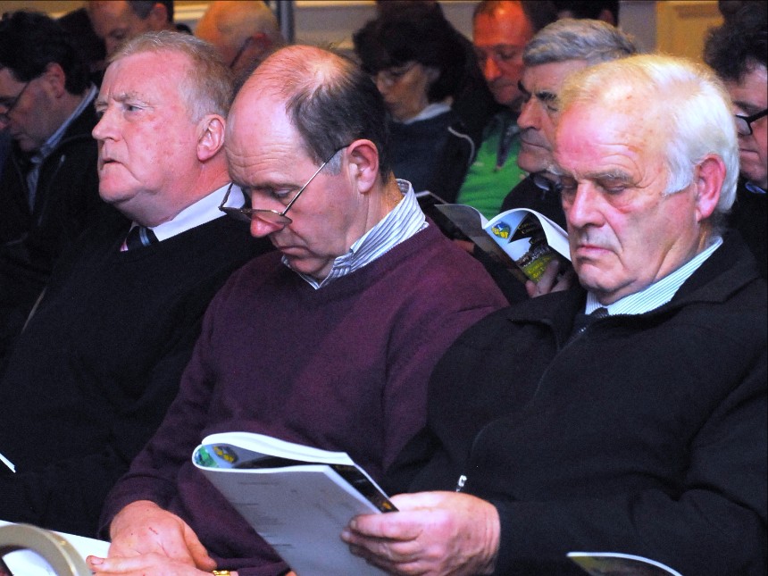 Cloone's Sean mcGovern studies the Convention booklet alongside Gerry McGovern and Drumreilly's Sean Maxwell. Photo by Willie Donnellan