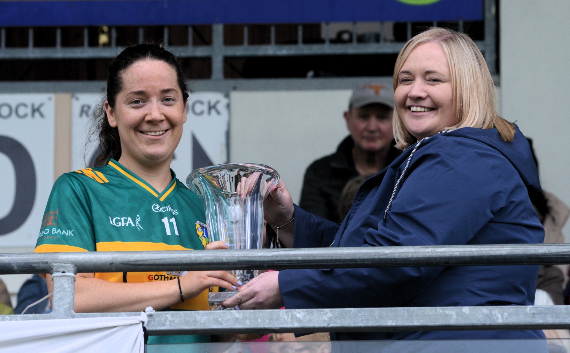 Leah Fox is presented with the Player of the Match award LGFA CEO Lyn Savage after Sunday’s TG4 Connacht LGFA IFC Final Picture: Willie Donnellan