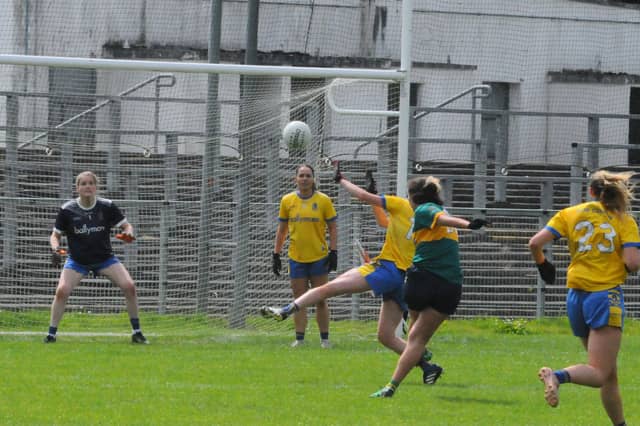 Ailbhe Clancy sends a shot at the Roscommon goal during the TG4 LGFA All-Ireland IFC Quarter Final Picture: Willie Donnellan