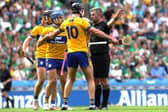Clare players, from left, Shane O'Donnell and Cathal Malone react to a decision by referee Thomas Walsh during the GAA Hurling All-Ireland Senior Championship semi-final match between Clare and Limerick at Croke Park Picture: John Sheridan Sportsfile