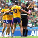 Clare players, from left, Shane O'Donnell and Cathal Malone react to a decision by referee Thomas Walsh during the GAA Hurling All-Ireland Senior Championship semi-final match between Clare and Limerick at Croke Park Picture: John Sheridan Sportsfile