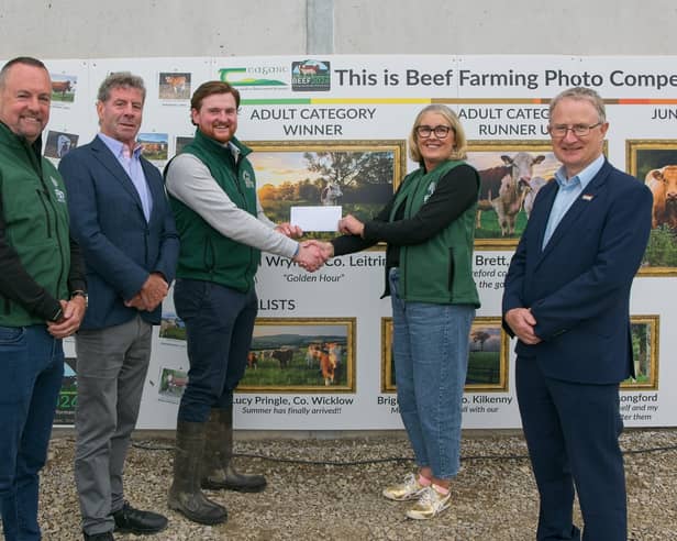 Cian Wrynne, Mohill, who won the adult category of the ‘This is Beef Farming’ photo competition organised by Teagasc and sponsored by FBD. Mr Wrynne received his prize from Maureen O’Meara, FBD, in the presence of Liam Herlihy, Teagasc Chairperson, Professor Frank O’Mara, Teagasc Director, and John Reade, FBD.
