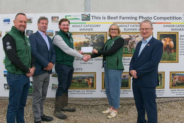 Cian Wrynne, Mohill, who won the adult category of the ‘This is Beef Farming’ photo competition organised by Teagasc and sponsored by FBD. Mr Wrynne received his prize from Maureen O’Meara, FBD, in the presence of Liam Herlihy, Teagasc Chairperson, Professor Frank O’Mara, Teagasc Director, and John Reade, FBD.