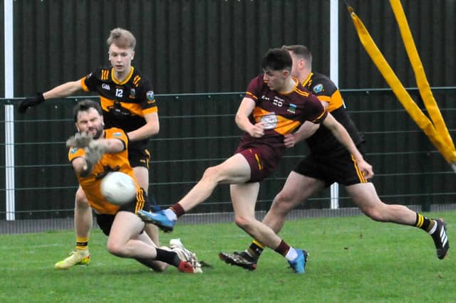 Annaduff's Darren Cox sees a late goal chance smoothered by Bornacoola's Daniel Farrell on Saturday in Mohill Picture: Willie Donnellan
