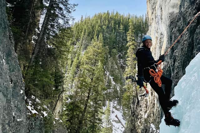 Marie ice climbing outside Canmore Alberta.