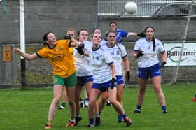 Ballinamore's Megan McGovern is tackled by St Mary's Enya McWeeney Picture: Willie Donnellan