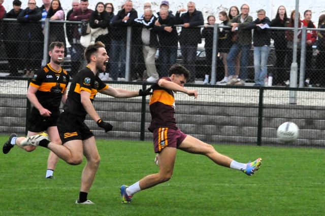 Annaduff's Kyle Russell fires a shot at the Bornacoola goal Picture: Willie Donnellan