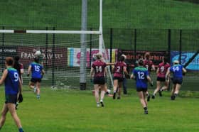 Michelle Heslin fires the ball to the Drumkeerin net for a St Joseph's goal in the Leitrim LGFA SFC clash in Pairc Naomh Brid Picture: Willie Donnellan