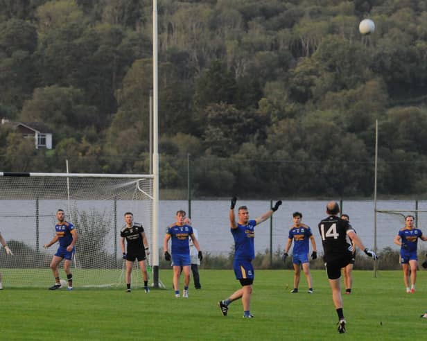 Glenfarne Kiltyclogher's Fergal Clancy fires a free towards the Cloone goal during the Fresh Today Junior A FC clash in Blacklion Picture: Willie Donnellan