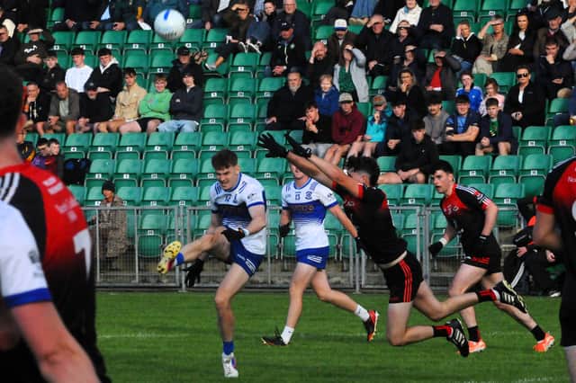 St Mary's Paul Keaney strikes for a point against Fenagh St Caillins in Saturday's Connacht Gold Leitrim SFC Quarter-Final Picture: Willie Donnellan