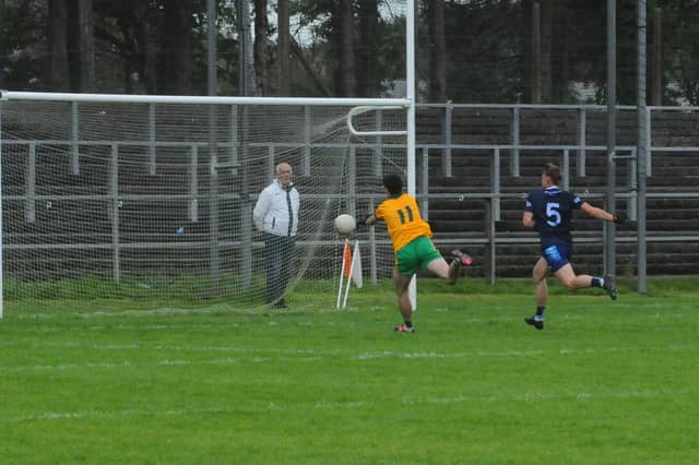Paul Honeyman palms Ballinamore Sean O'Heslins' first goal to the Allen Gaels net on Sunday Picture: Willie Donnellan