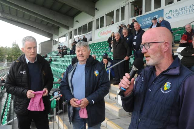 Leitrim GAA County Board Chairman Declan Bohan conducts the Connacht Gold Leitrim SFC Semi-Final draw with John Keenan and Seamus McManus on Sunday Picture: Willie Donnellan