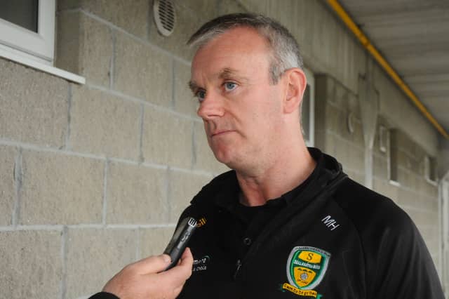 Ballinamore Sean O'Heslins manager Mark Henry chats after his team's 2-23 to 1-12 victory over Allen Gaels Picture: Willie Donnellan