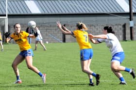 Anna Devaney collects the ball from teammate Melissa Hewitt in Glencar Manor's victory  over St Mary's Picture: Willie Donnellan
