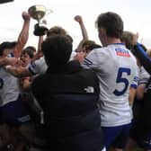 St Mary's players celebrate with the George O'Toole Cup after defeating Annaduff in the Westlink Coaches U17 FC Division 1 Final Picture: Willie Donnellan