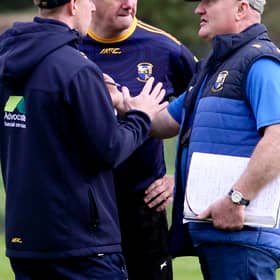 ​Glencar Manorhamilton manager Terry McManus chats with David Gaffney and Brian McDonald of the management team during a game recently Picture: James Molloy