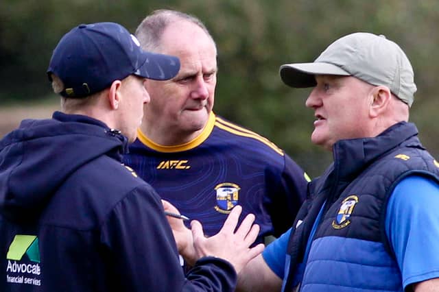 Glencar Manorhamilton manager Terry McManus chats with David Gaffney and Brian McDonald of the management team during a game recently Picture: James Molloy