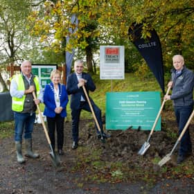 Pictured (L-R) at the sod turning event in Glenfarne Wood are Martin Treacy, MD, P.J. Treacy & Sons Ltd, Cllr Mary Bohan, Cathaoirleach of Leitrim County Council, Minister for Rural and Community Development and the Gaeltacht Dara Calleary T.D, Mark Carlin, MD, Coillte Forest and Joseph Gilhooly, Chief Executive, Leitrim County Council