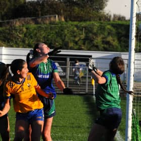 Leah Fox watches as her fisted effort crosses the line for Glencar Manorhamilton's second goal against St Joseph's in Saturday's Leitrim LGFA SFC Final in Heartland Credit Union Pairc Sean Mac Diarmada Picture: Willie Donnellan
