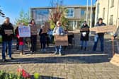 Residents outside of Leitrim County Council Offices on Monday morning. Credit: Eóin Gallagher.
