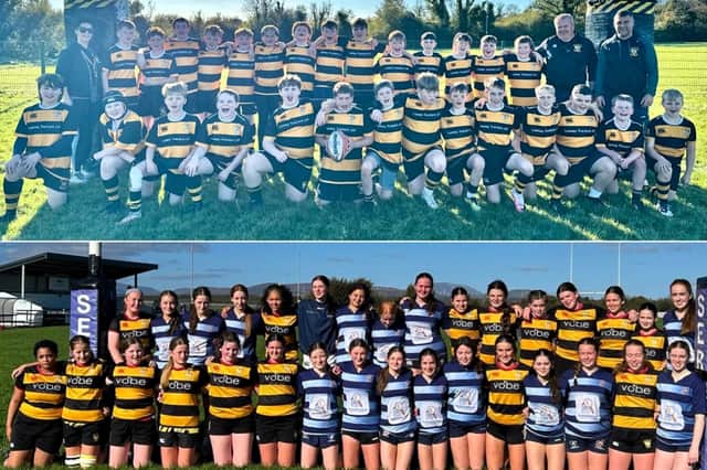 Top: Carrick RFC's U13 team that defeated Ballina in their Connacht Division 1 League match; Bottom:  The Carrick and Castlebar U16 girls teams after their League match