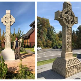 (Right) The Celtic High Cross was begun by Brendan McGloin and erected in Portland, Oregon.  (Left) Seamus Dunbar (Right) standing next to the Celtic High Cross in September.