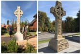 (Right) The Celtic High Cross was begun by Brendan McGloin and erected in Portland, Oregon.  (Left) Seamus Dunbar (Right) standing next to the Celtic High Cross in September.