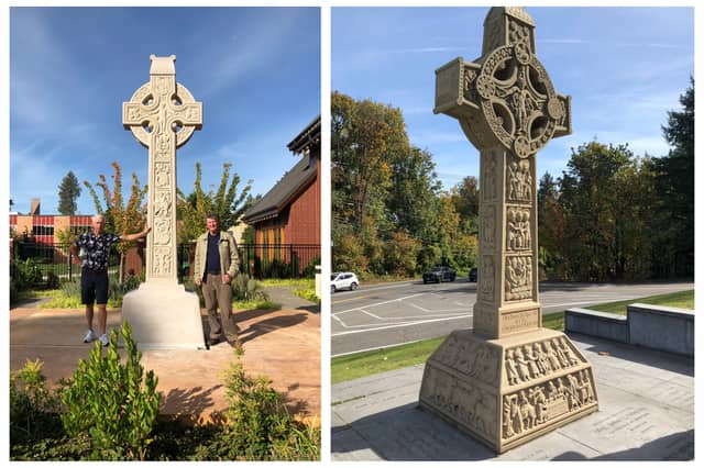 (Right) The Celtic High Cross was begun by Brendan McGloin and erected in Portland, Oregon. (Left) Seamus Dunbar (Right) standing next to the Celtic High Cross in September.