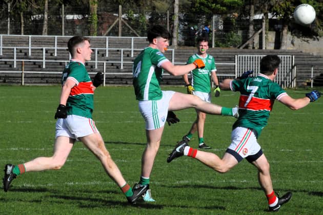 Aughnasheelin's Thomas Gunn strikes for a point during the Fresh Today Junior A FC Final against Kiltubrid on Sunday in Heartland Credit Union Pairc Sean Mac Diarmada Picture: Willie Donnellan