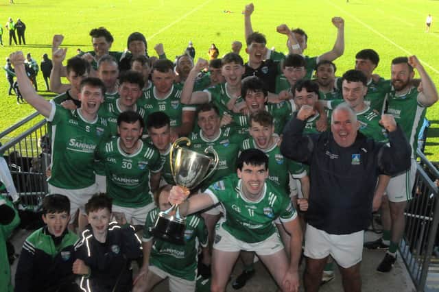 Aughnasheelin players celebrate their victory in the Fresh Today Leitrim Junior A FC Final in Heartland Credit Union Pairc Sean Mac Diarmada Picture: Willie Donnellan