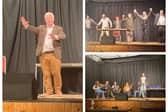 (Left) Actor and Sligo Councillor Gerry Farrell on stage at the Bee Park Community Centre last Friday during his one-man show. (TR) North Leitrim Men's Shed members taking a bow after their performance. (BR) Local musicians and Irish dancer.