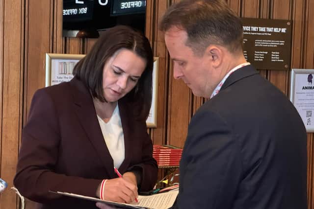 Sviatlana Tsikhanouskaya called for more European sanctions and for the democratic element of her country to forge closer bonds with Europe (Mícheál Ó Scannáil/PA)