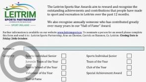 Closing date for nominations for 2018 Leitrim Sports Star Awards is this Friday October 26